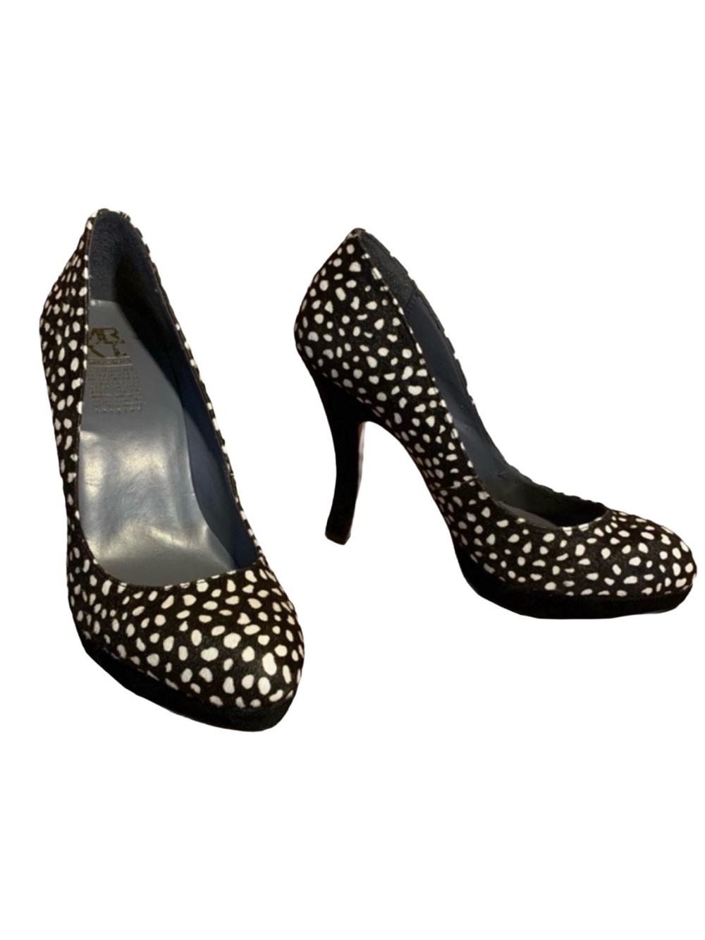 MRKT BROWN, BLACK & WHITE DOTTED CALF HAIR PUMPS (8.5)